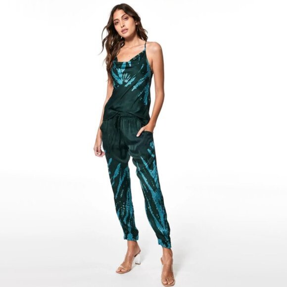NWT YFB emerald green abstract print silky jogger trackpants - Picture 4 of 15